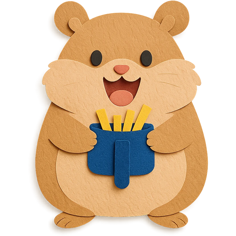 fluffy air fryer hamster holding tiny crispy fries, excited face, soft brown, full-body emoji