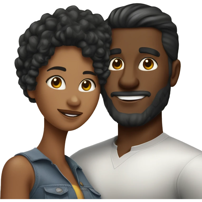 Pareja de un chico de pelo negro liso y corto y de piel moreno, y una chica de piel blanca con el pelo negro largo y ondulado haciéndose un selfie emoji