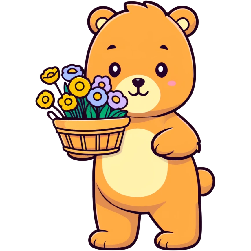bear carrying a basket of wildflowers, soft pastel brown and cream, cartoonish sticker style emoji