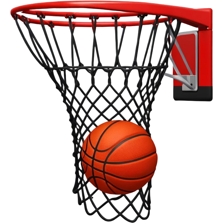 Red and black basketball halfway through net, freeze frame moment, iOS emoji style emoji
