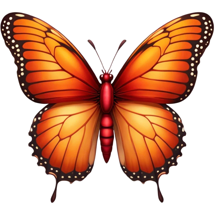 Cinematic Realistic Noble monarch Butterfly Portrait Emoji, Poised and elegant, with delicate, translucent wings rendered in rich ruby and scarlet hues, a slender, graceful body with intricately detailed textures, and soft, reflective eyes, illuminated by natural light, high shine, intelligent and regal, styled with an air of refined natural splendor, focused and attentive, soft glowing outline, capturing the essence of a watchful and confident monarch butterfly that appears to emerge majestically from the screen! emoji