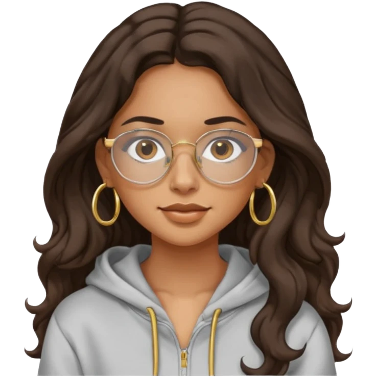 Make a girl with dark brown wavy hair and brown eyes she's tan latina and she has clear glasses and small hold hoop earings make her hair longer and her a hoodie emoji
