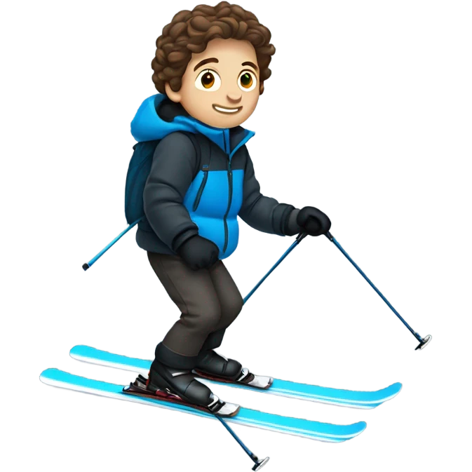 1 white Boy with wavy brown hair skiing with blue skis. He is wearing all black snow pants and a gray jacket   emoji