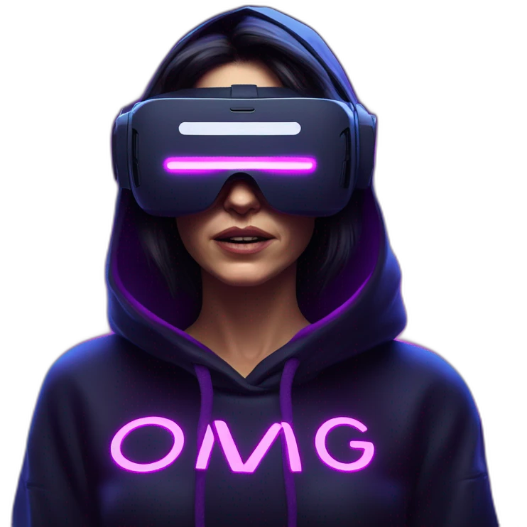 Cathie Wood wearing a black hoodie with "OMG" letters on it and VR headset in a cyberpunk VR environment with violet neon lighting. emoji