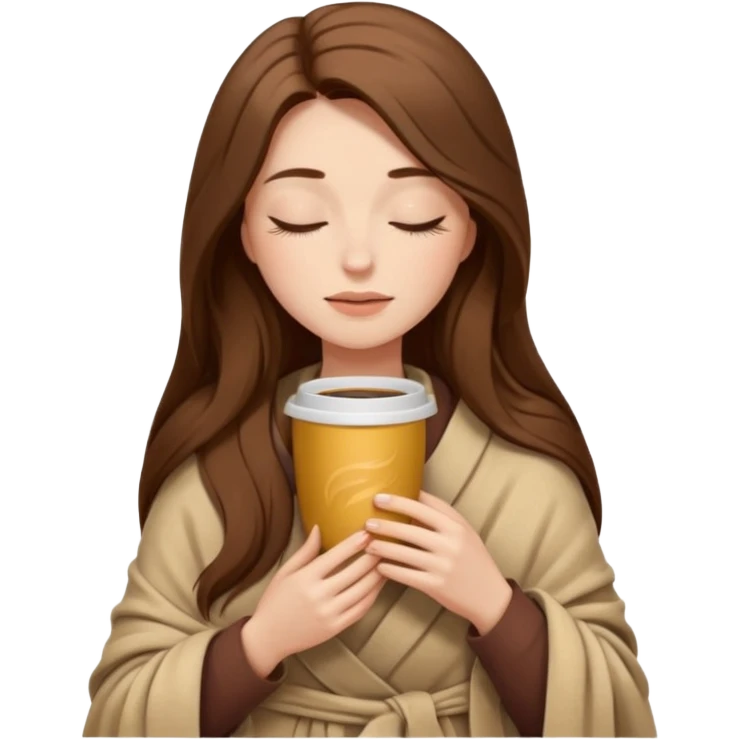long brown hair woman closed eyes with beige blanket on her head, holding cup of coffee, autumn mood emoji