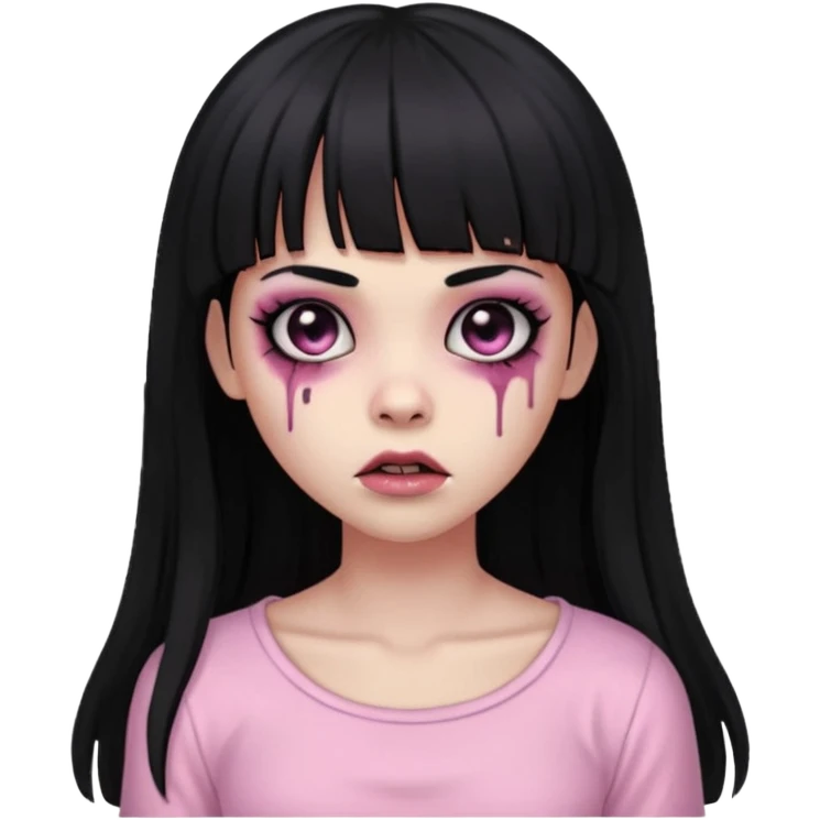 light-skinned Black zombie girl with black eyes, long black hair with bangs, wearing a light pink blouse emoji