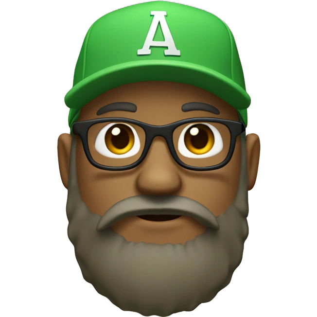 A 3D avatar with a green baseball cap, glasses, and a full beard on a beige background.

 emoji