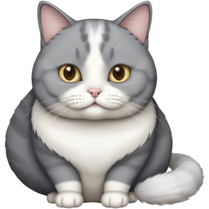 Gray and white tuxedo cat that is fat with white on top of tail and white on nose emoji