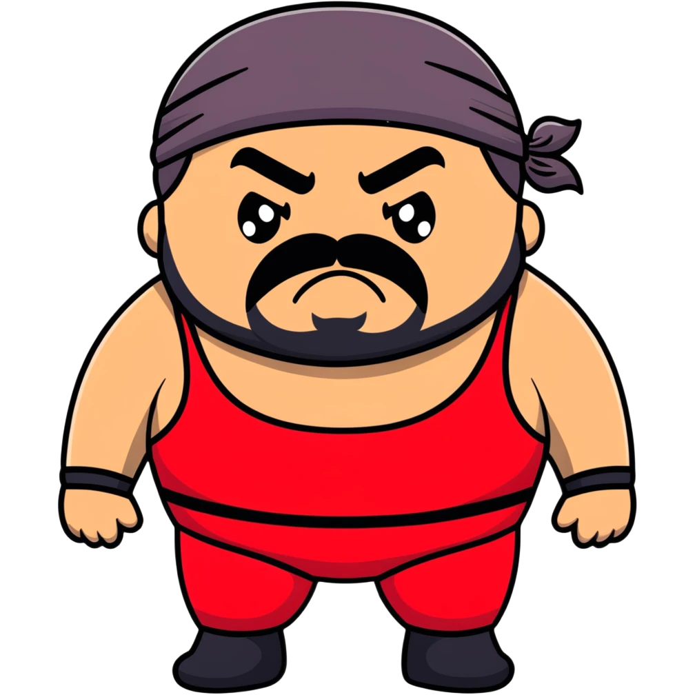 White skin fat guy with prominent black durag, short black beard and mustache, black eyes in a red and black wrestling singlet with angry face emoji