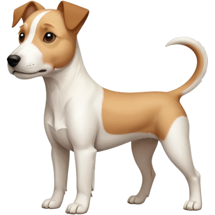 a full body facing front on of a buff white parson russell terrier looking dog the size of a kelpie with light brown long ears resting on its face and a light brown patch on one eye and a large snout. the rest of the dog is completely white.  emoji