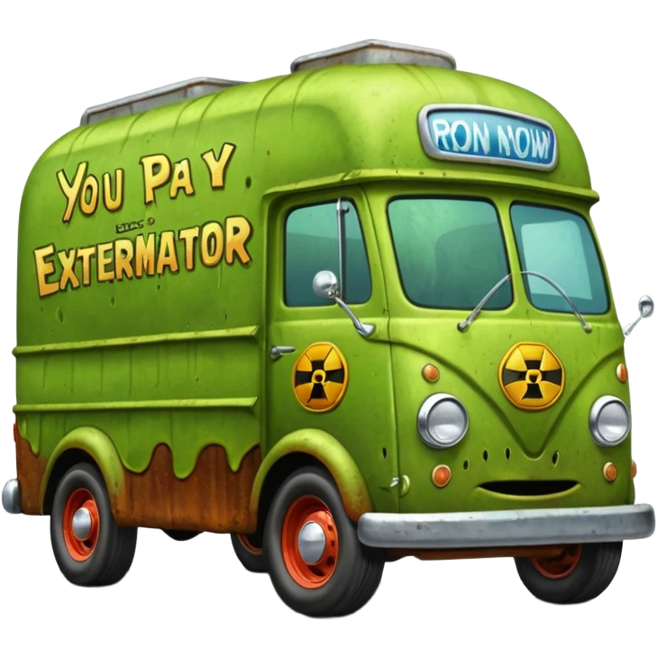 Heroic  SuperBug Ron’s slime-oozing exterminator antique tall moving van hot rod(motto: You pay me now!) emoji