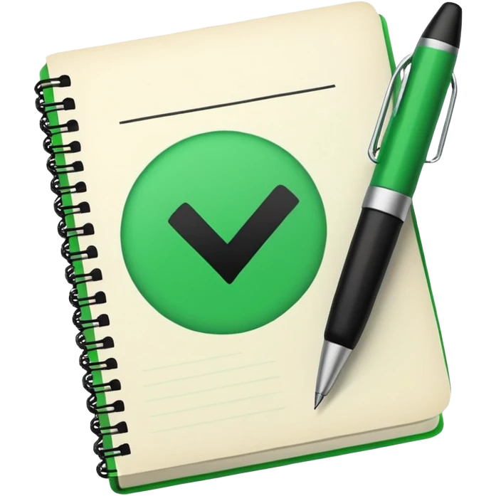 Notes book with pen and massive green tick emoji