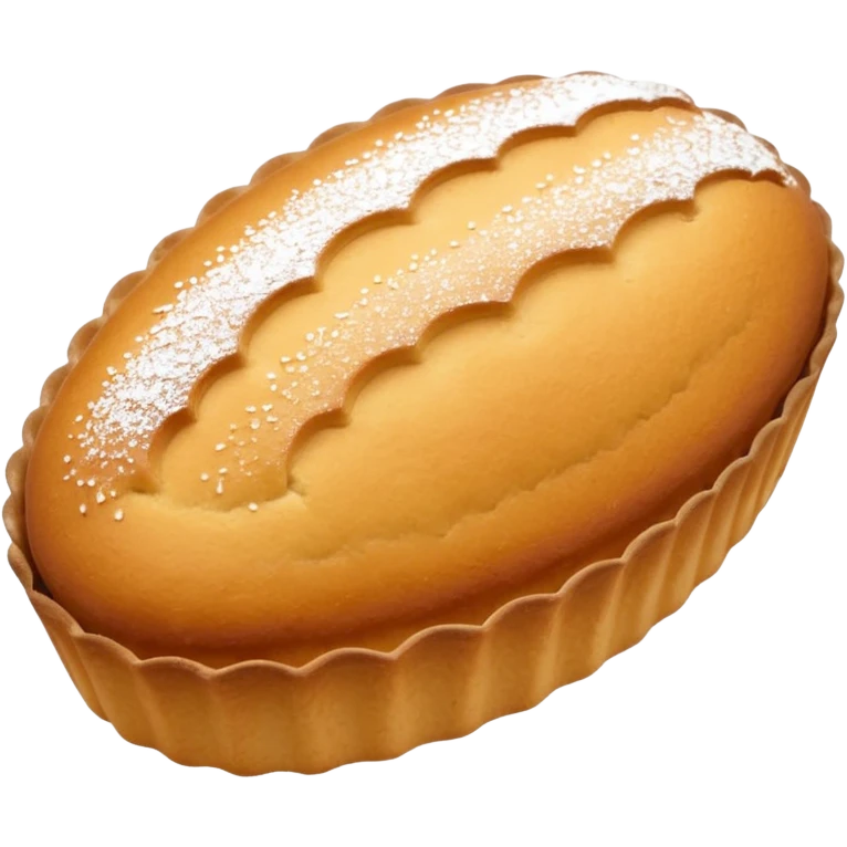 A madeleine pastry. Oval shaped with lines going in the same direction as the oval. Light golden brown. Scalloped edge emoji