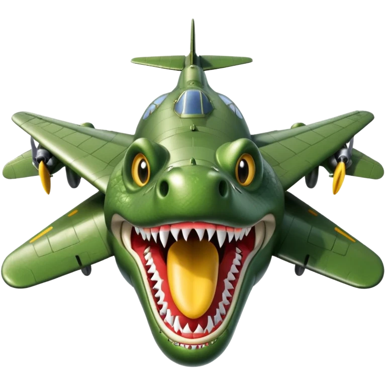 crocodile's head with open mouth sharp teeth fused onto a WWII bomber plane's metallic body with wings and propellers emoji style absurd meme humor emoji
