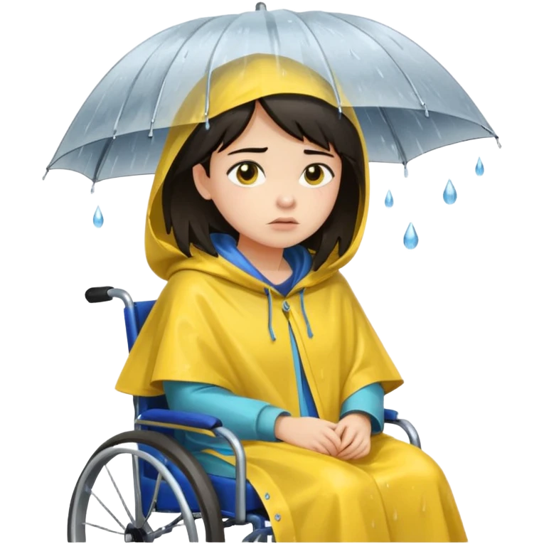 Girl with dark hair  in a wheelchair with rain poncho sad with rain storm  emoji