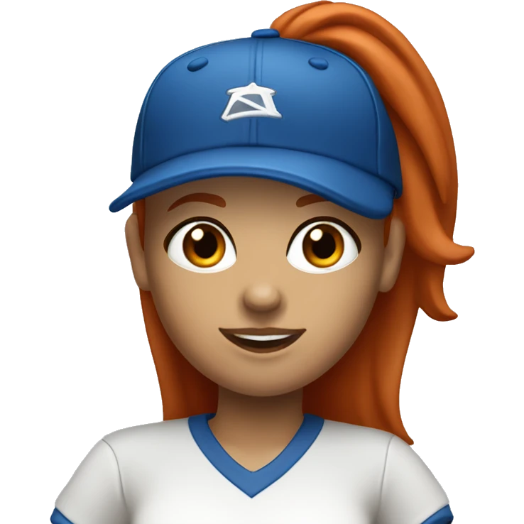standing up white female coach with long red hair in white t-shirt and with a simple blue baseball hat emoji