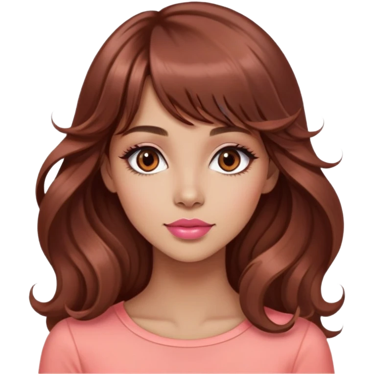 gorgeous woman, light tan skin, big dark brown eyes, very long wavy auburn hair, bangs, pink top, coral lipstick, side profile emoji