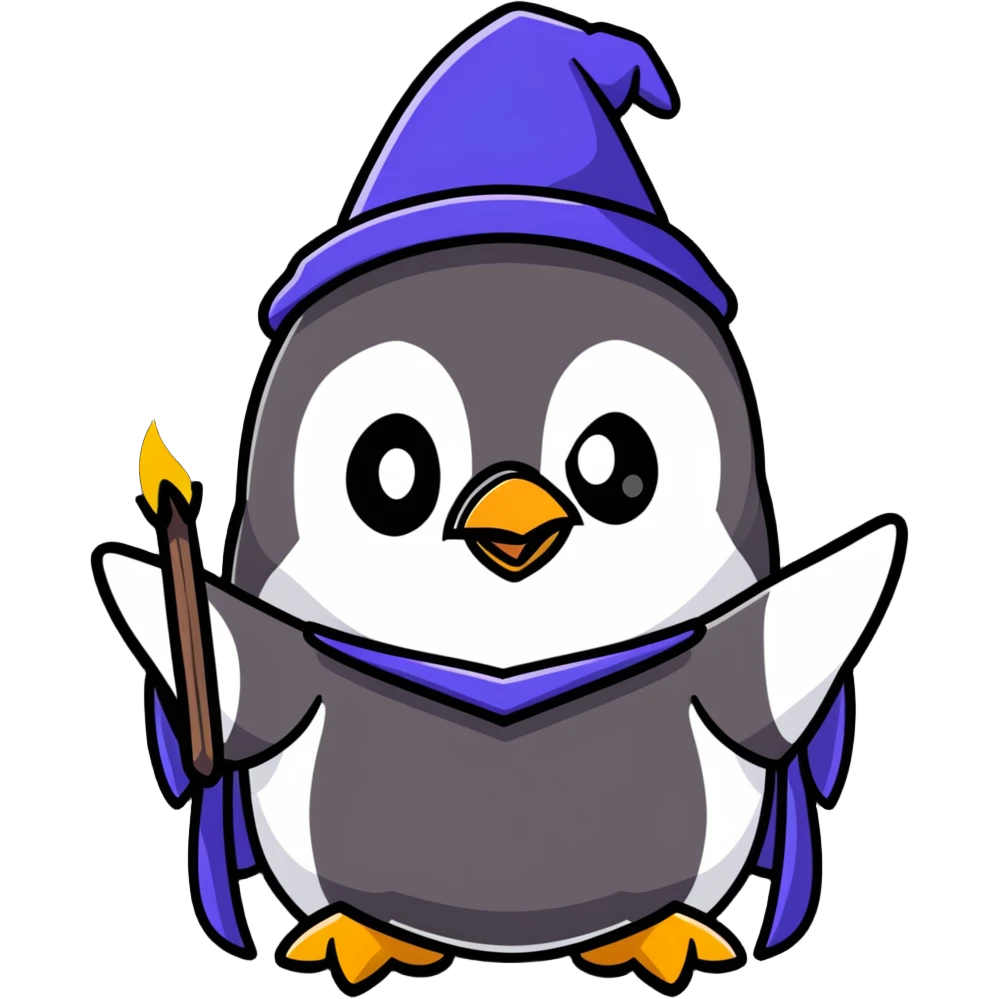 cartoonish penguin wizard casting a spell emoji