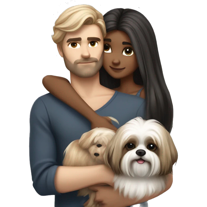 A couple, one very beautiful girl with very long volume hair brown and blond and one boy with perfect hair that hugs her and also hugs two little dogs shih tzu black and white emoji