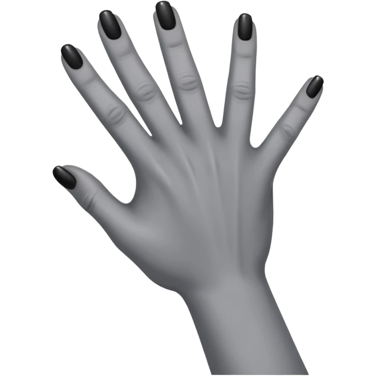 front angle view of a grey colored arm and 5-fingered hand reaching out, black finger nails behind emoji