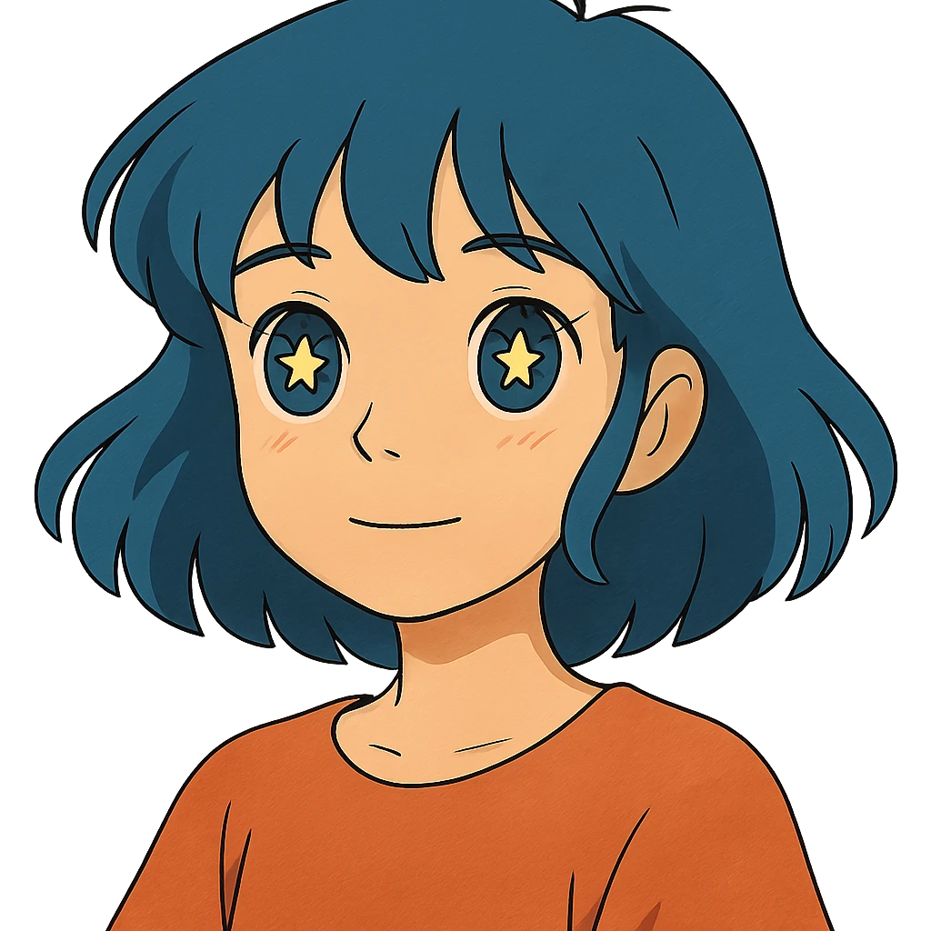 ghibli style girl with blue hair and stars in her eyes emoji