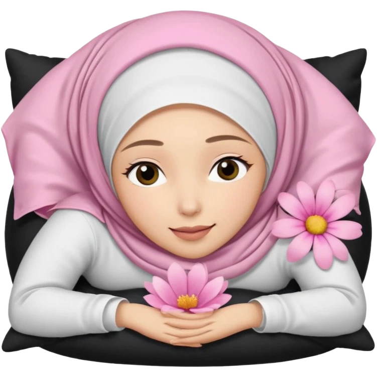 The image is a close-up selfie of a young woman wearing a white hijab. She is lying on her back with her head resting on a black pillow. She has a pink flower in her hair and is looking directly at the camera with a slight smile on her face emoji