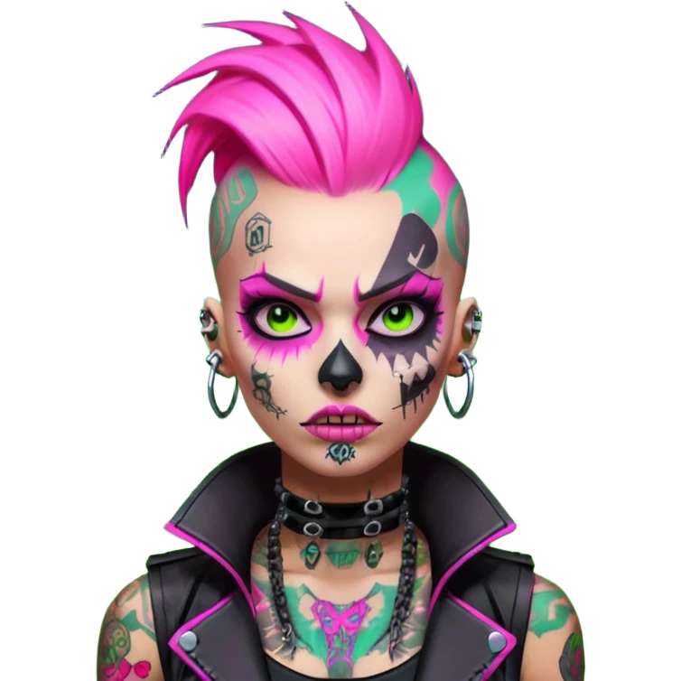 Cyberpunk female punk, pink mohawk, skull face tattoos, bionic neck, aggressive expression, neon green lighting emoji