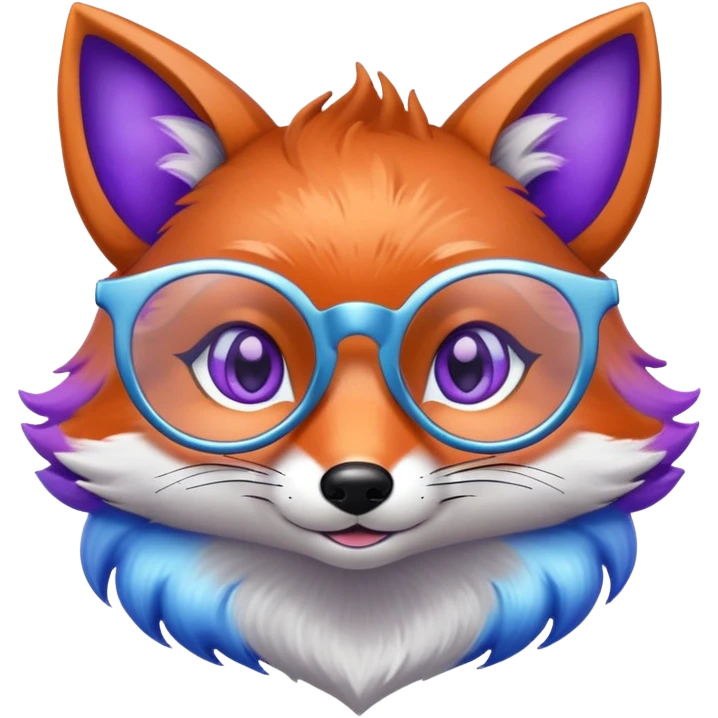 A whimsical fox with sparkling purple-blue fur, a glowing tail, a silver star on its forehead, and round glasses, with heart-shaped eyes, looking in love emoji