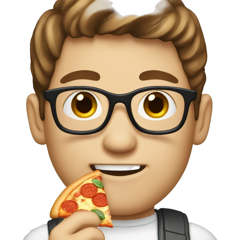 White nerd with brown hair eating pizza emoji