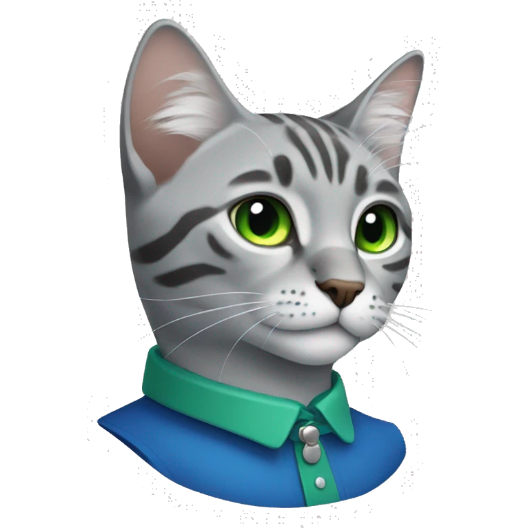 Grey tabby with blue collar and green eyes emoji