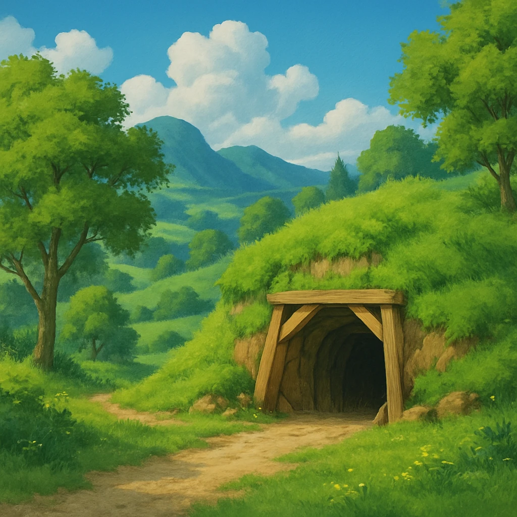 ghibli style lush landscape with a gold mine entrance emoji