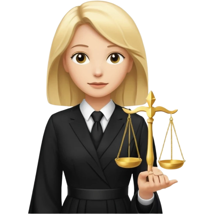 woman lawyer blanche et blonde avec des cheveux mi-long; elle est habillée avec une longue robe noire et une cravate blanche; elle soutient fièrement le symbole de la justice emoji