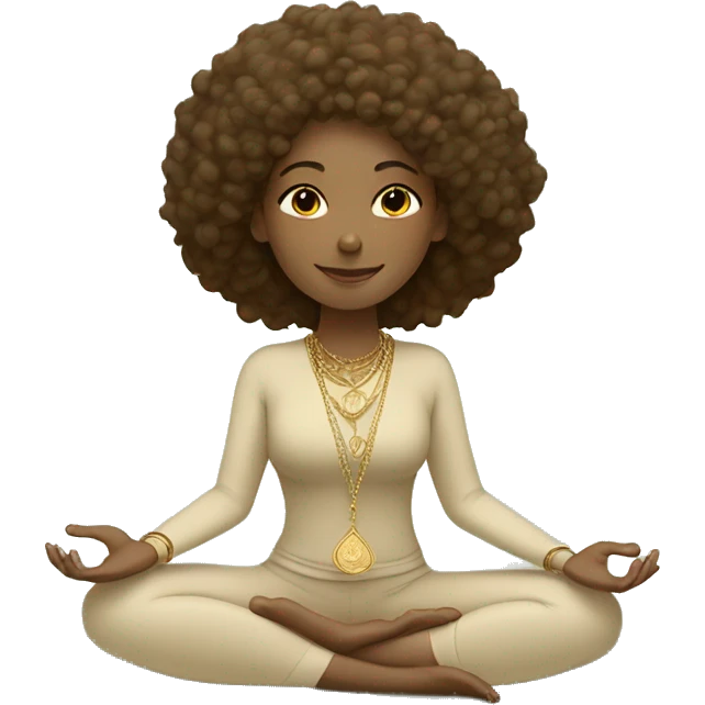 Woman with soft brown curly hair in beige and sage yoga outfit doing a meditation pose with gold jewellery and on a sage yoga mat  emoji