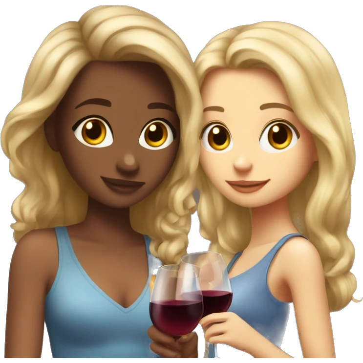 A blonde beautiful girl and a  super cute beautiful girl with brown hair drink wine together emoji