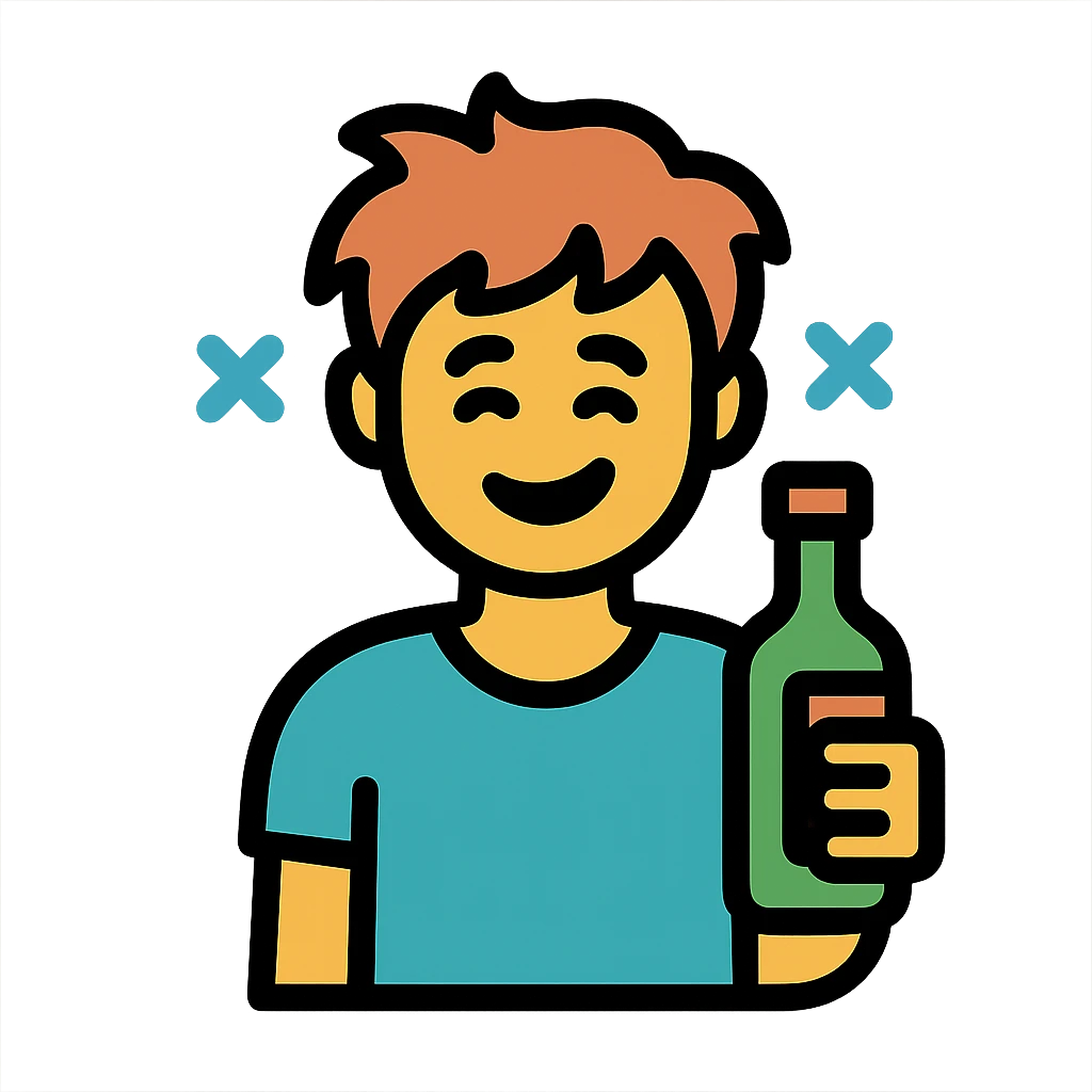 color outline icon of a GTA-style person with messy hair, bottle, tipsy smile, playful style emoji