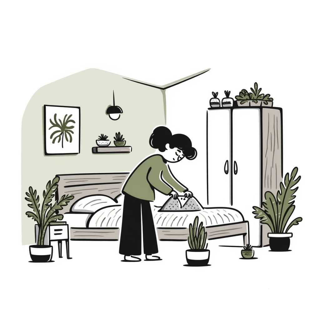 Organizing bedroom with olive green walls, wood bed, plants around, and wood closet emoji