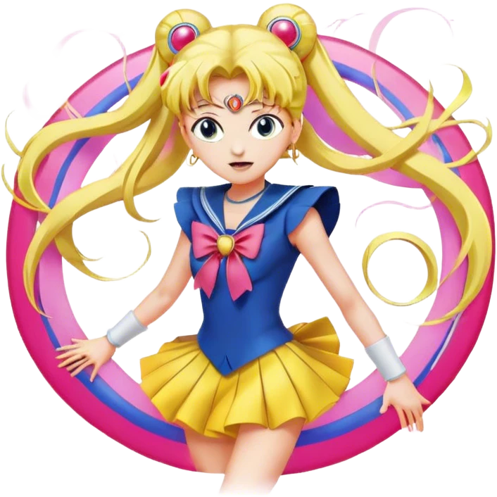 Icon for Anime: vibrant, dynamic scene with characters of Bishoujo Senshi Sailor Moon in action, featuring exaggerated expressions and colorful backgrounds. The design should reflect the distinct, energetic style of anime, with iconic eyes and unique visual elements. Transparent background. emoji