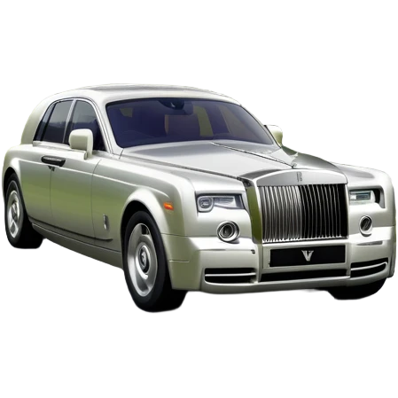 Rolls-Royce Phantom (2022) – cinematic-realistic Rolls-Royce Phantom emoji, its polished silver frame glistening under the sun as it glides down a winding, tree-lined road. The iconic Spirit of Ecstasy hood ornament stands proudly, the V12 engine hums silently  emoji