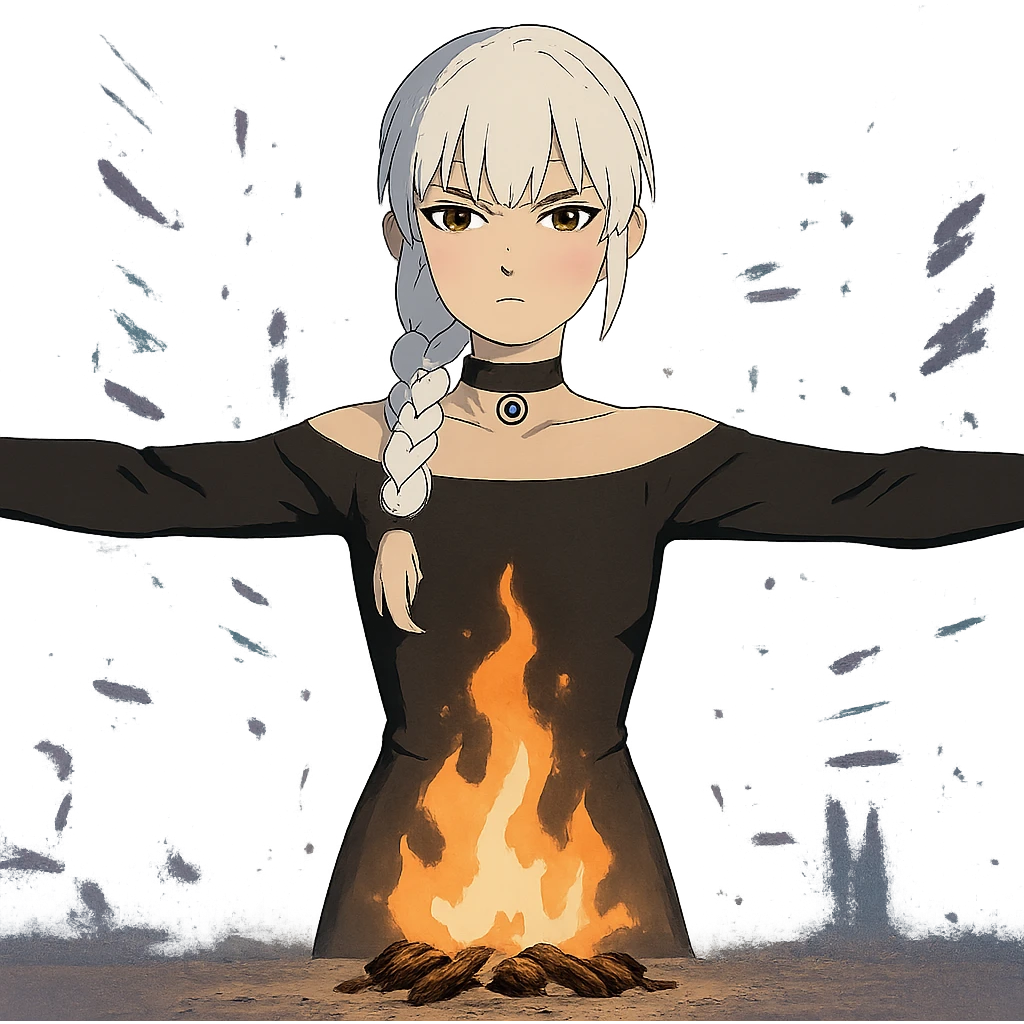 young woman with gold yellow eyes, white hair, long braid, black off-shoulder top, punk gothic style, futuristic cyberwave cyberpunk,, she is calmly t-posing , there is a small bonfire in front of her emoji