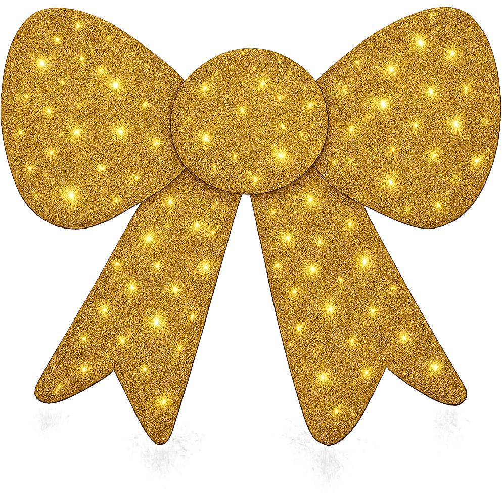Make the decorative bow gold glitter and covered in glitter, shiny and vibrant, no background. Emphasize shiny and vibrant gold glitter covering the bow. emoji