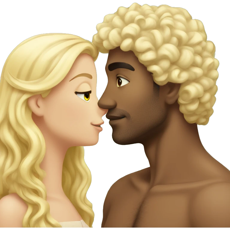 Tanned curly black hair man kisses a blonde girl with straight hair  emoji