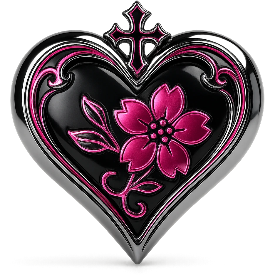 goth sakura heart, y2k aesthetic, glossy black and hot pink, chrome accents, playful and bold emoji