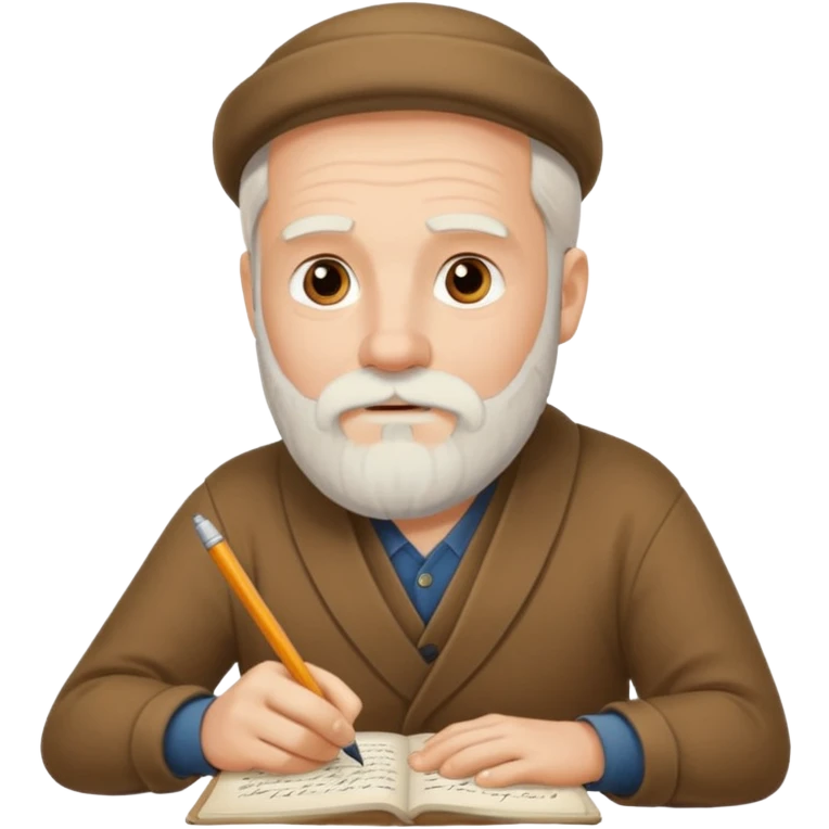 caucasian man with white beard writing in the script emoji