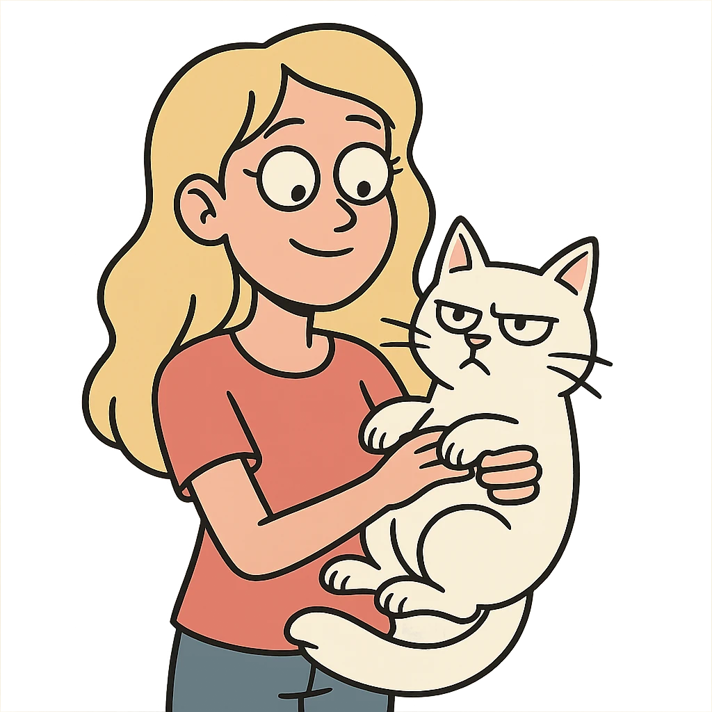 blonde girl holding a white cat, cartoon style emoji