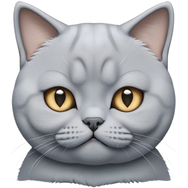 Cinematic Cute Bored Grey British Shorthair Cat Portrait Emoji, Head tilted slightly with a scrunched, bored expression, sleek soft grey fur with subtle blue undertones, Simplified yet adorable features, highly detailed, glowing with a soft, friendly glow, high shine, curious but clearly uninterested, stylized with a touch of whimsy, soft glowing outline, capturing the essence of a bored yet irresistibly cute kitty, so endearing it feels like it could tilt its head and let out a dramatic sigh at any moment! emoji