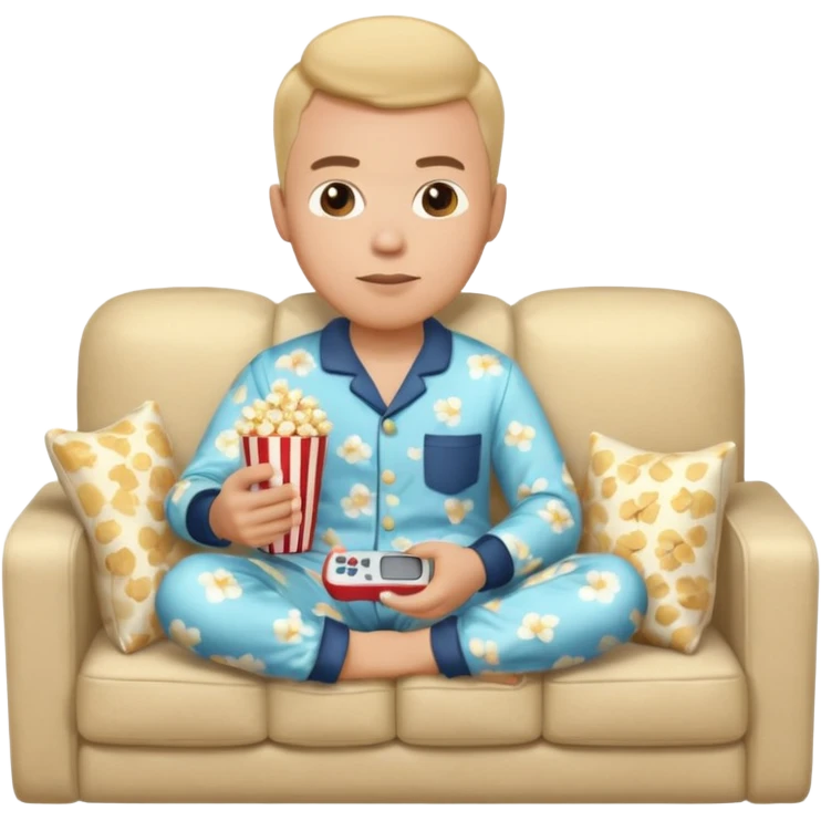male memoji, in pajamas, sitting on couch, holding TV remote controller, relaxed face, casual home vibe, popcorn bucket on couch emoji