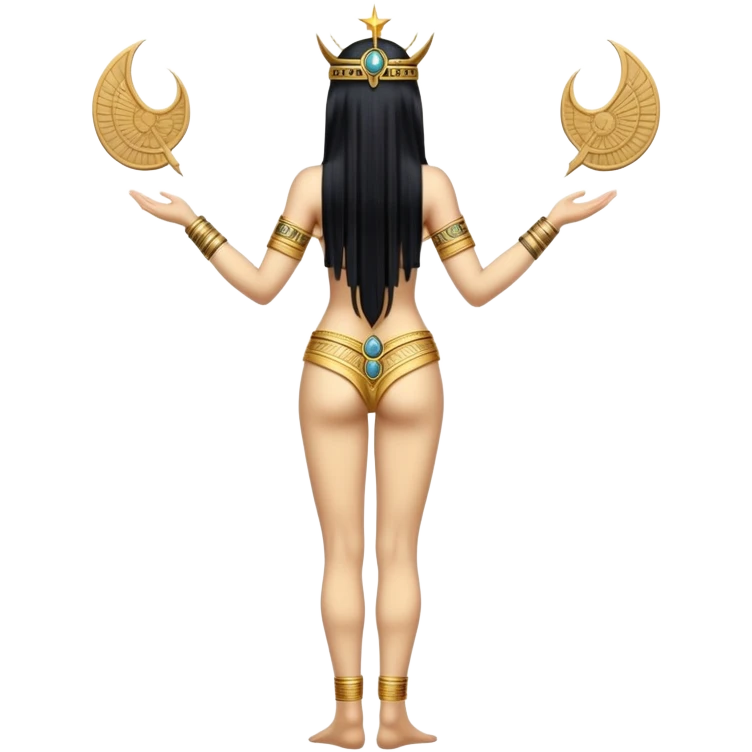 fullbody back view of Anunnaki goddess Inanna with very long black hair reaching her lower back, Mesopotamian cuneiform and star symbols, completely bare back, and ornate gold bands on wrists and ankles emoji