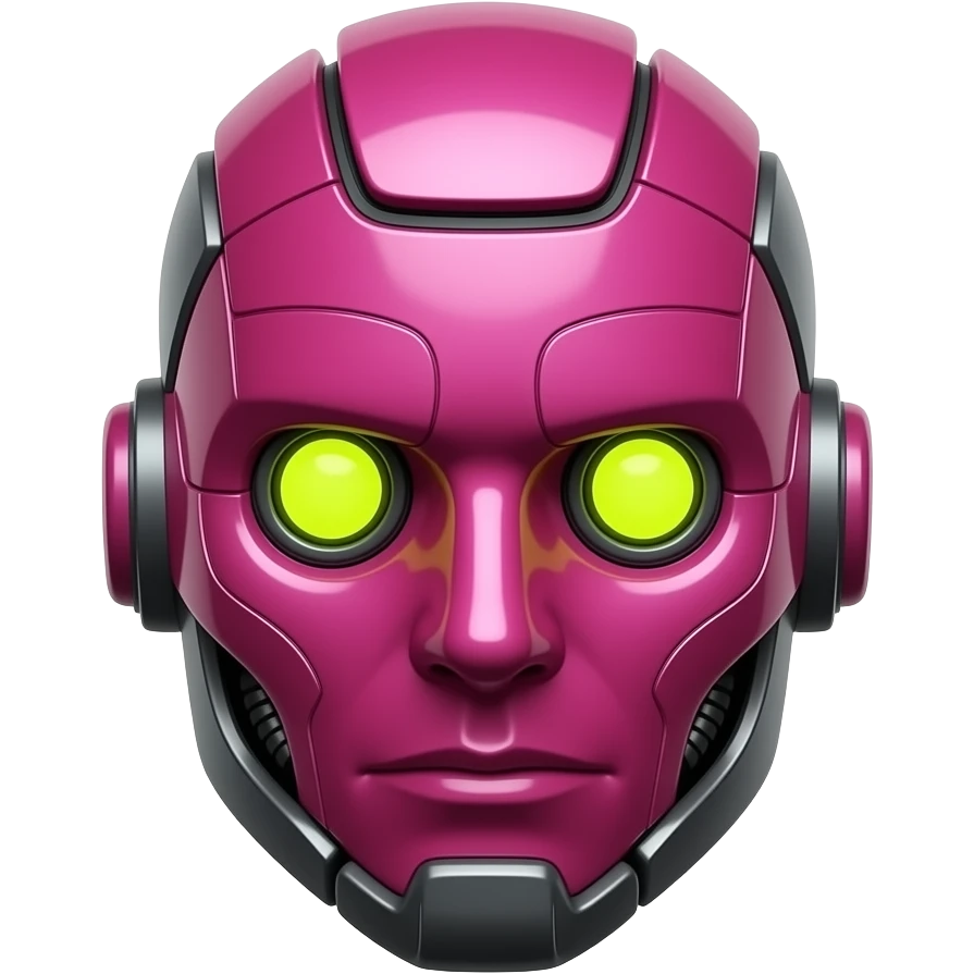 Glossy 3D rendered robot head emoji, front-facing, detailed with distinct mechanical features, slightly rounded edges, highly saturated deep magenta (#B4018C) body, vivid neon yellow (#FFF200) eyes and accents, no muted tones, soft shading, white background emoji