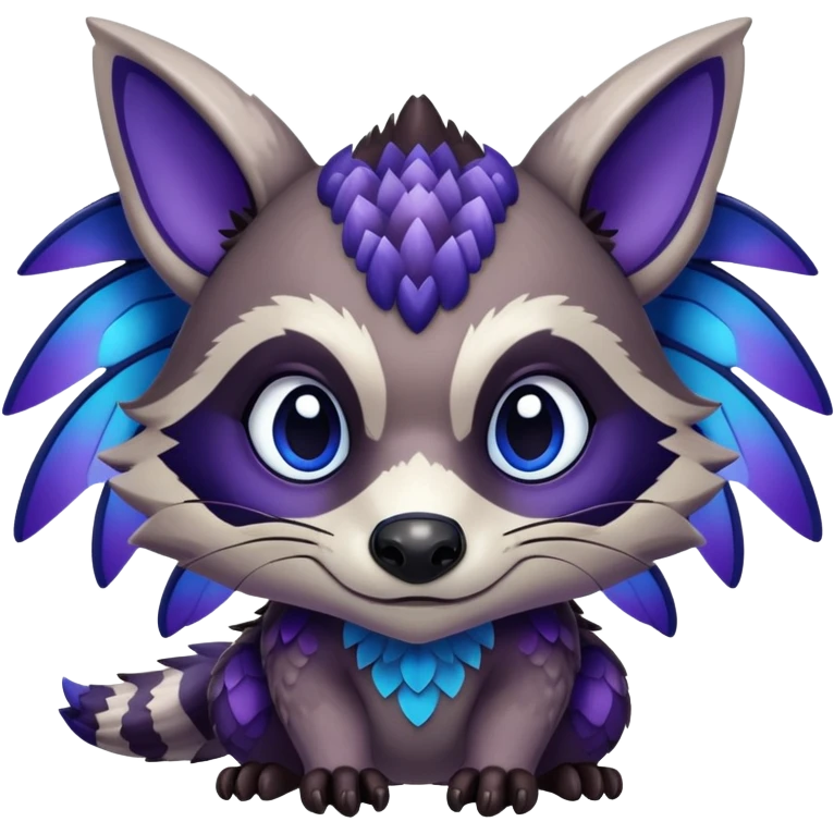 Raccoon dragon hybrid face forward with wings fully body dark purple and blue emoji