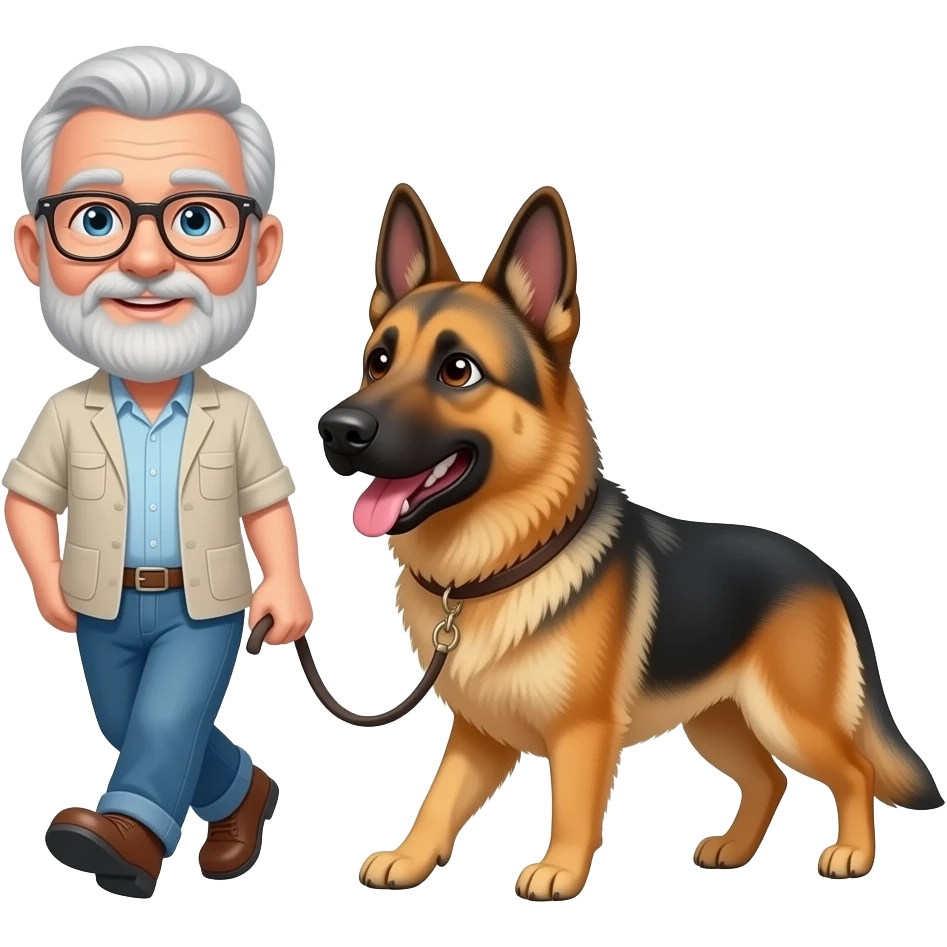 Oldplder man with  gray hair beard and glasses Man walking shepski dog on a leash emoji emoji
